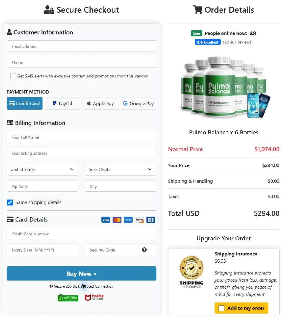 Pulmo Balance six-bottle checkout example with $294 product total and optional insurance